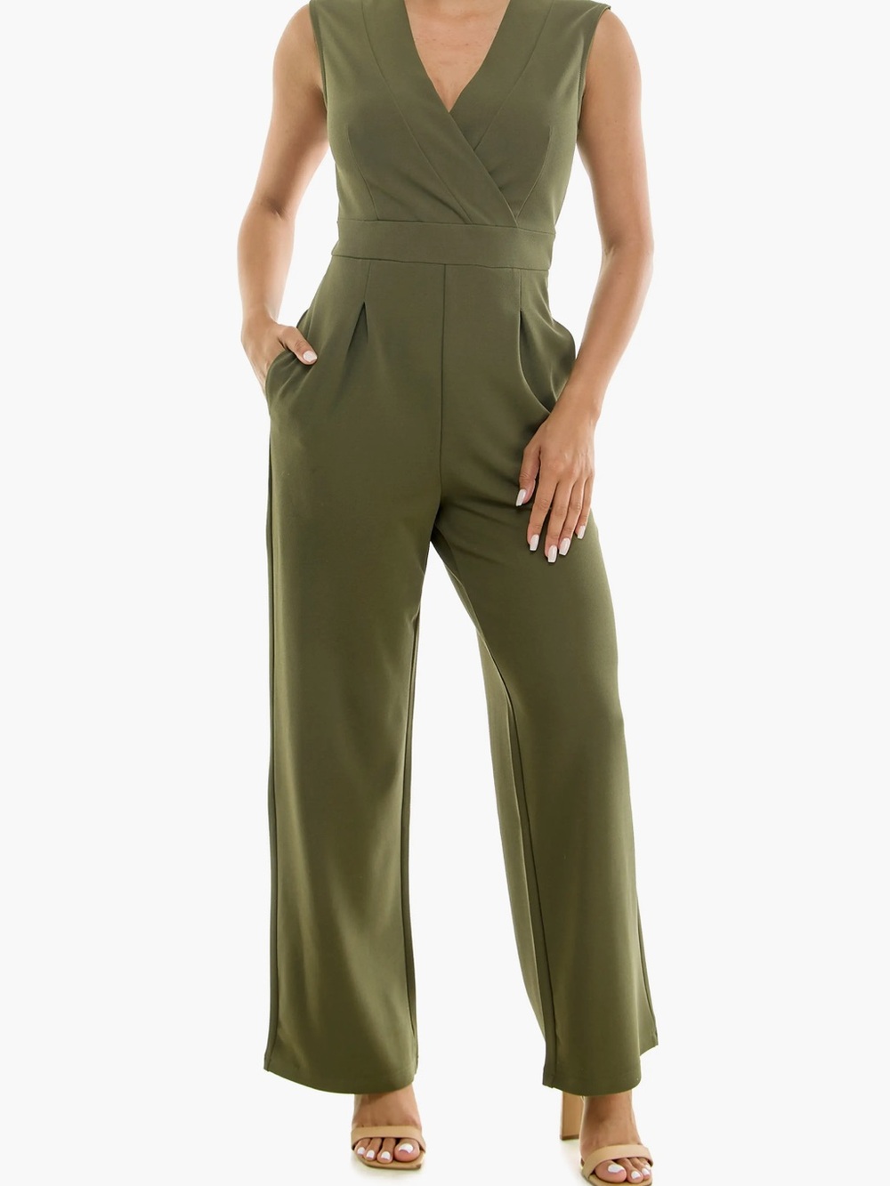 Nina Leonard Olive Wrap-Front Wide-Leg Jumpsuit